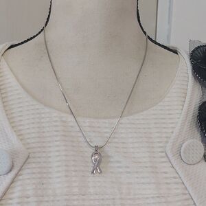 Caged Pearl Breast Cancer Remembrance Memorial Ribbon Pendant Necklace Gold Tone